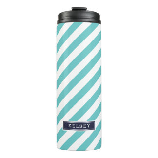 Navy Blue and Turquoise Preppy Stripes Monogram Thermal Tumbler