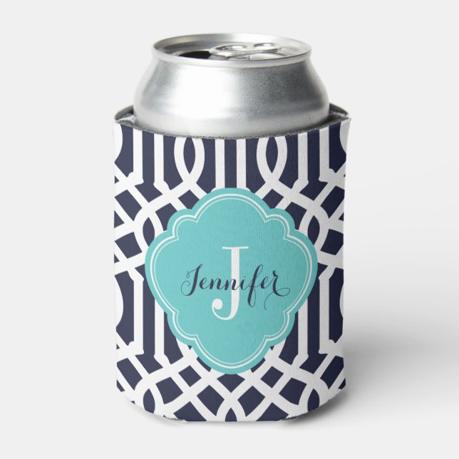 Navy Blue and Turquoise Trellis Monogram Can Cooler (Can Front)