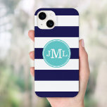 Navy Blue and Turquoise Wide Stripe Monogram Case-Mate iPhone 14 Case<br><div class="desc">Modern Wide Stripe with Custom Monogram Design</div>