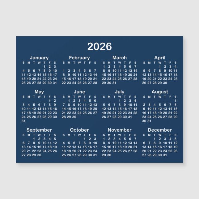 Navy Blue and White 2026 Magnetic Calendar (Front)