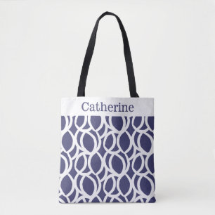 Navy Blue and White Abstract Pattern Name Tote Bag