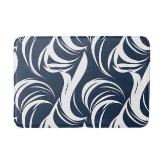 Navy Blue and White Abstract Wave Modern Nautical Bath Mat