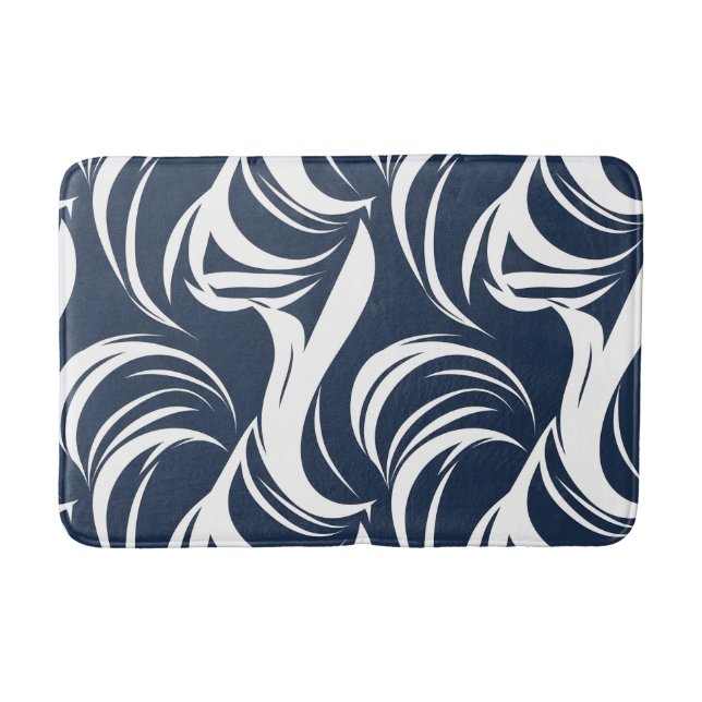 Navy Blue and White Abstract Wave Modern Nautical Bath Mat (Front)