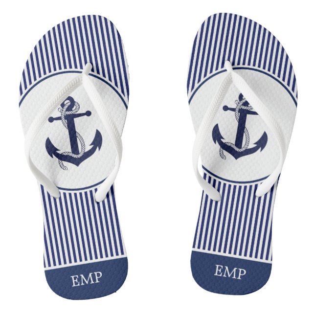 Navy Blue and White Anchor and Striped  Jandals (Footbed)
