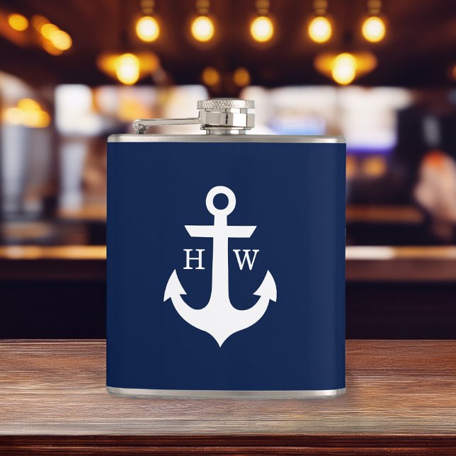 Navy Blue and White Anchor Monogram Hip Flask (Creator Uploaded)