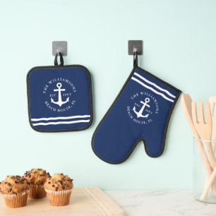 Navy Blue and White Anchor Personalised Nautical Oven Mitt & Pot Holder Set
