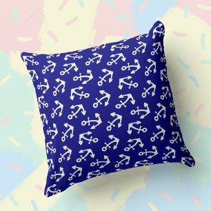 Navy Blue And White Anchors Nautical Large Cotton Cushion