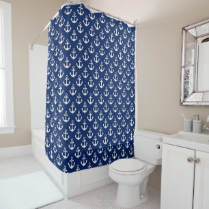 Navy Blue and White Anchors Nautical Pattern Shower Curtain