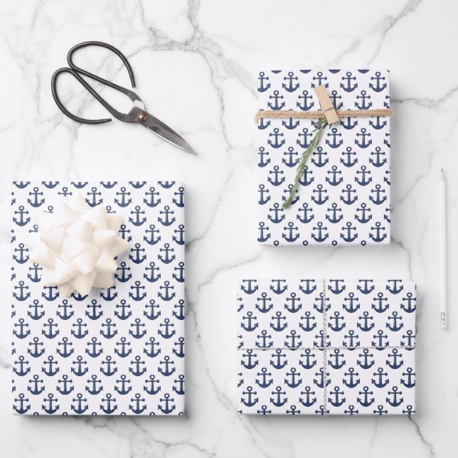 Navy Blue and White Anchors Wrapping Paper Sheets (Front)