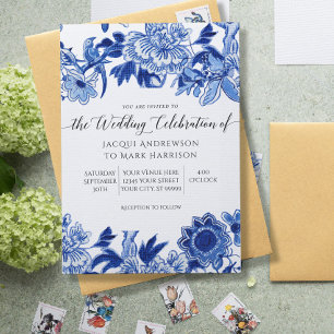 Navy Blue and White Asian Influence Wedding Invitation