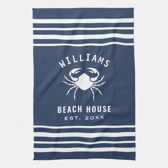 Navy Blue And White Beach House Family Name Crab Tea Towel (Vertical)