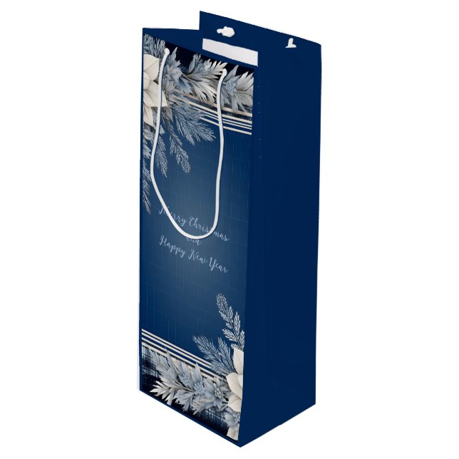 Navy Blue and White Beautiful Christmas Floral Wine Gift Bag (Front Angled)