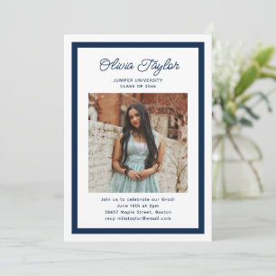 Navy Blue and White Border Photo Graduation Party Invitation