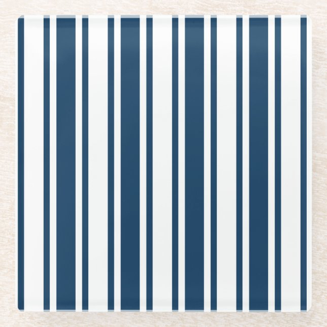 Navy blue and white candy stripes glass coaster (Front)