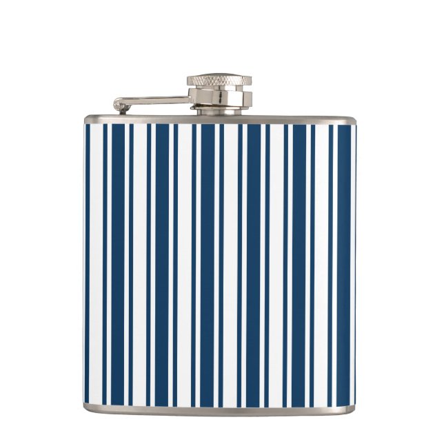 Navy blue and white candy stripes hip flask (Front)