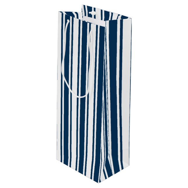 Navy blue and white candy stripes wine gift bag (Front Angled)