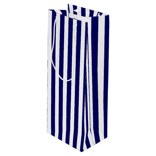 Navy blue and white candy stripes wine gift bag (Front Angled)