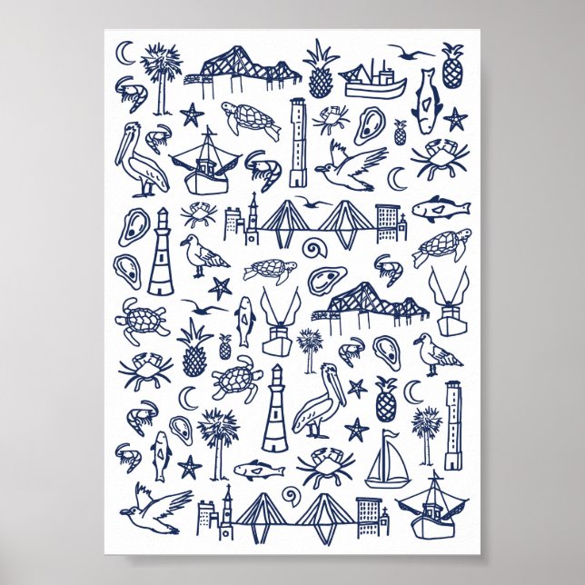Navy Blue and White Charleston Toile Mini Poster (Front)