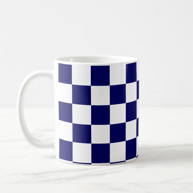 Navy Blue and White Chequerboard Pattern Coffee Mug (Left)