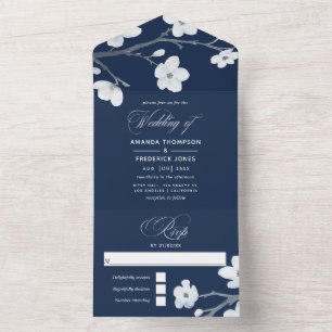 Navy Blue and White Cherry Blossoms Wedding All In All In One Invitation