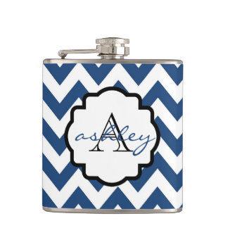 Navy Blue and White Chevron Monogram Flask