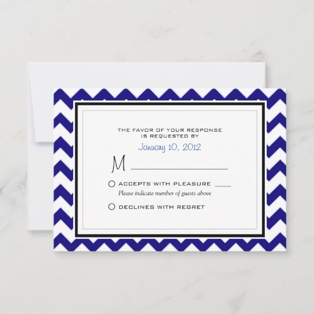 Navy Blue and White Chevron Pattern Wedding RSVP Card (Front)