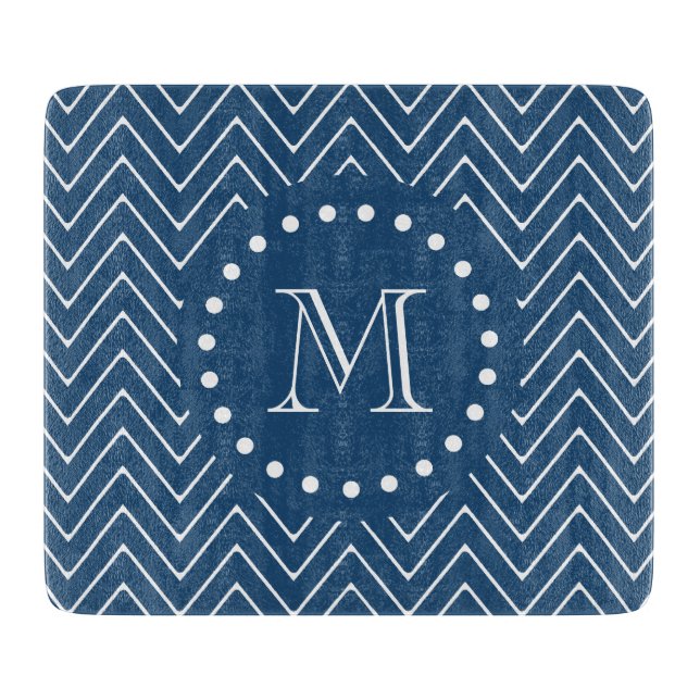 Navy Blue and White Chevron Pattern, Your Monogram Cutting Board (Front)