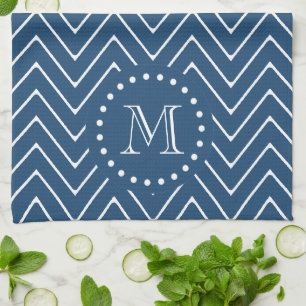 Navy Blue and White Chevron Pattern, Your Monogram Tea Towel