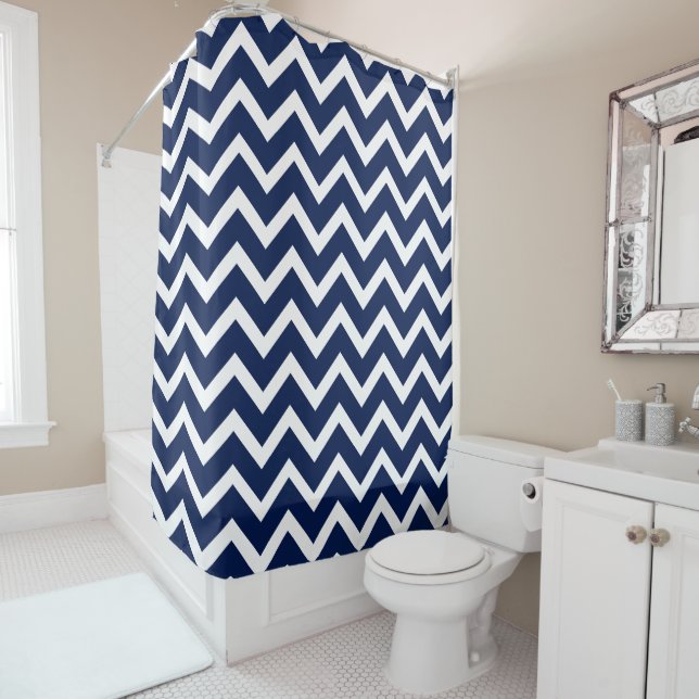 Navy Blue And White Chevron Shower Curtain (In Situ)