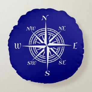 Navy Blue And White Coastal Decor Compass Rose Round Cushion