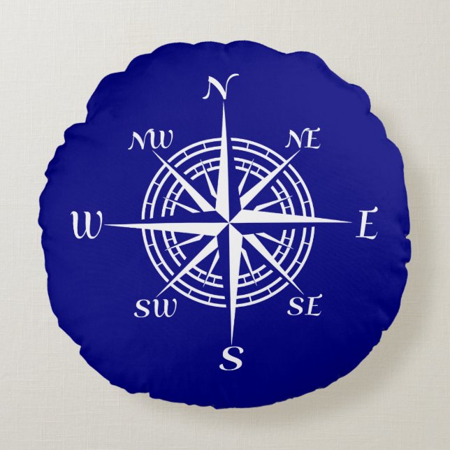 Navy Blue And White Coastal Decor Compass Rose Round Cushion (Front)