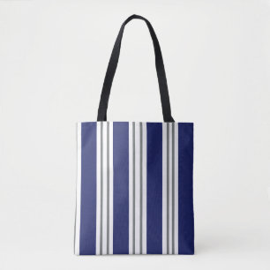Navy Blue and White Coastal Stripes Tote Bag