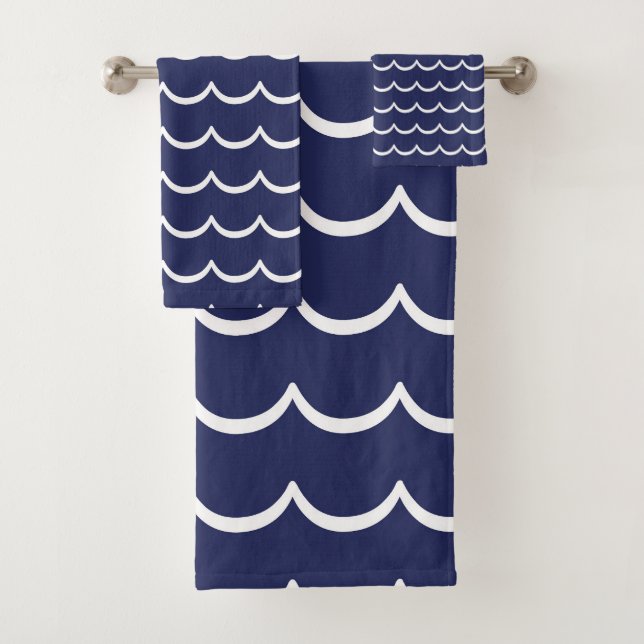Navy Blue and White Coastal Wave Pattern Bath Towel Set (Insitu)