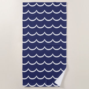 Navy Blue and White Coastal Wave Pattern Beach Towel