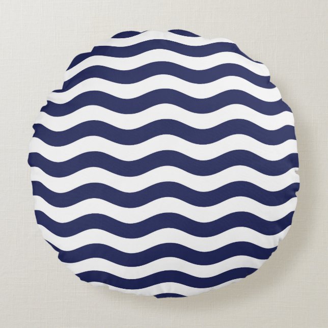 Navy Blue and White Coastal Wave Pattern Round Cushion (Front)