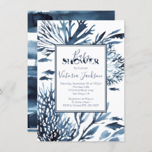 Navy Blue and White Coral Reef Baby Shower Invitation