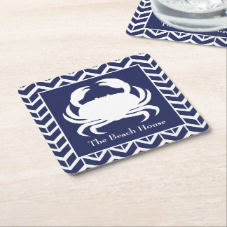 Navy Blue and White Crab Personalise Nautical Pool Square Paper Coaster