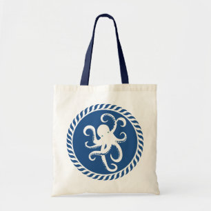 Navy Blue And White Cute Octopus Illustration Tote Bag