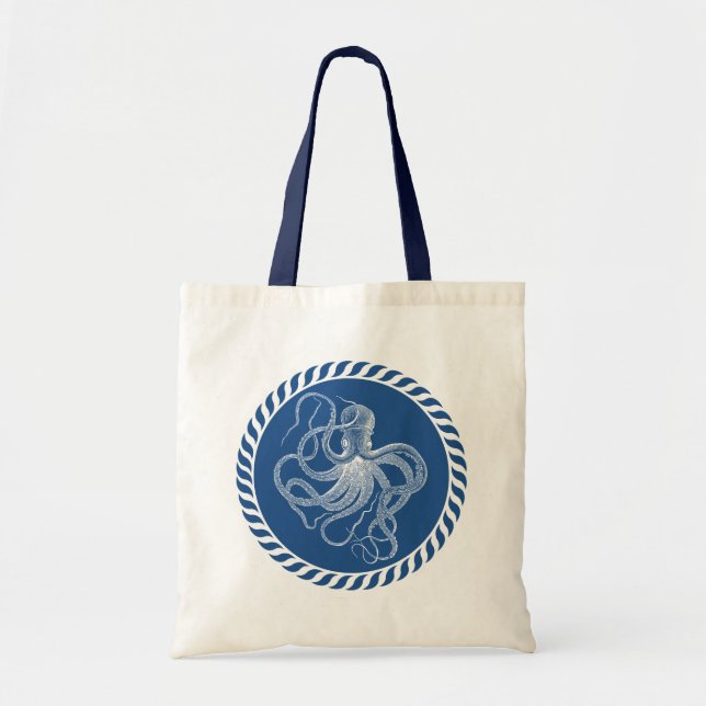 Navy Blue And White Cute Octopus Illustration Tote Bag (Front)