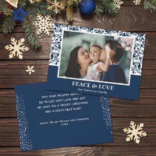 Navy Blue and White Damask Christmas Photo Holiday Card
