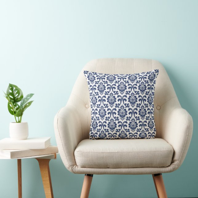 Navy Blue and White Damask Throw Pillow (Chair)