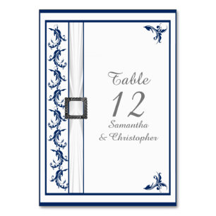 Navy blue and white damask white lace wedding table number