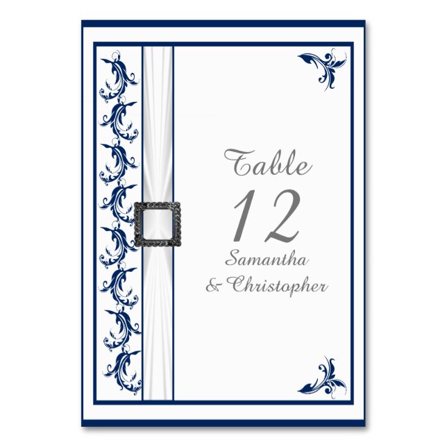 Navy blue and white damask white lace wedding table number (Front)