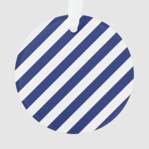 Navy Blue and White Diagonal Stripes Pattern Ornament