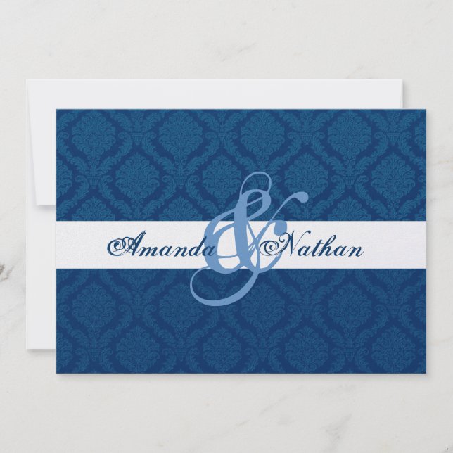 Navy Blue and White Diamond Damask Wedding Invitation (Front)