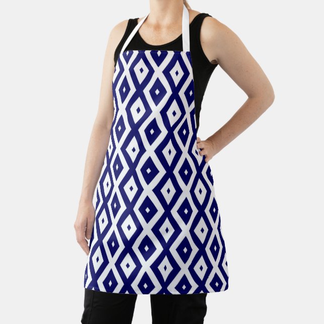 Navy blue and white diamond pattern apron (Insitu)