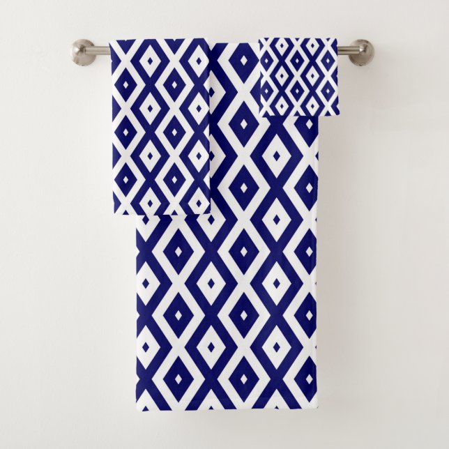 Navy blue and white diamond pattern bath towel set (Insitu)