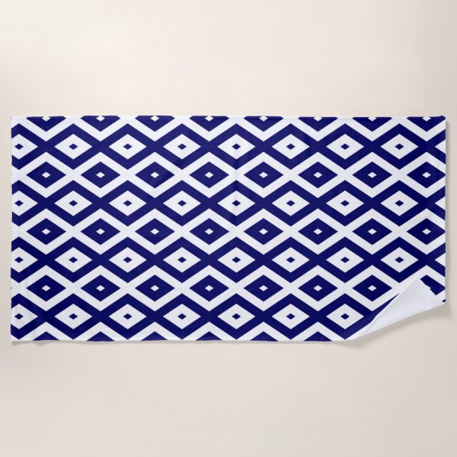 Navy blue and white diamond pattern beach towel (Front)