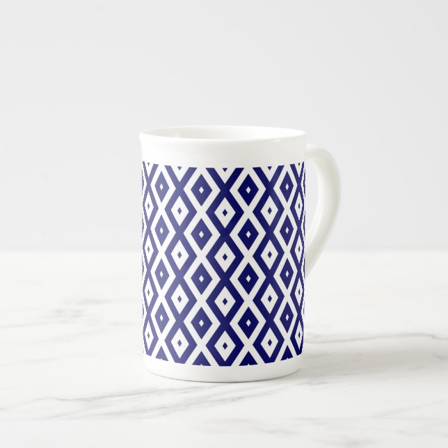 Navy blue and white diamond pattern bone china mug (Front Right)