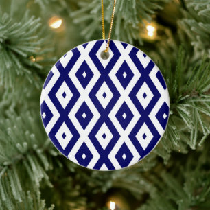 Navy blue and white diamond pattern ceramic tree decoration